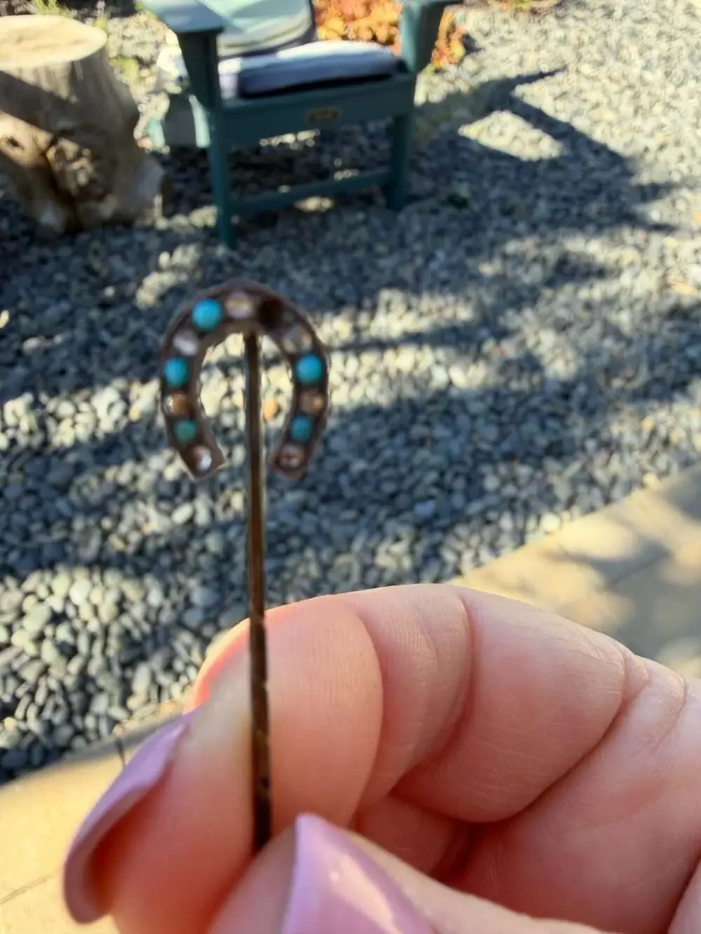 Antique Victorian Untested Turquoise and Diamond Horseshoe Stick Pin